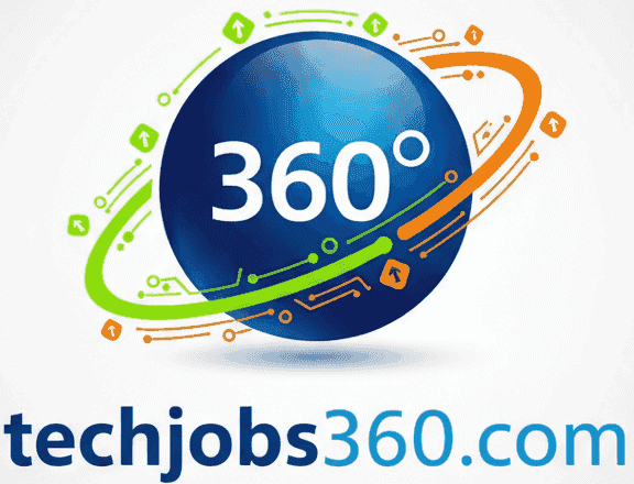 360° digital illustration representing tech innovation and connectivity on Techjobs360.com logo.